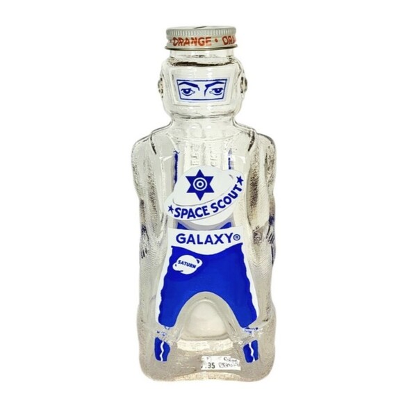 VTG 50s Galaxy Space Foods "Space Scout" Orange Syrup Blue Bottle Coin Bank NOS - Picture 5 of 8